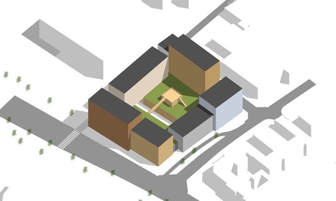 Een ruwe schets van het toekomstige appartementencomplex op het vroegere Polaroidterrein, op de hoek van Oldenzaalsestraat en Hoge Bothofstraat. Het woongebouw gaat bestaan uit verschillende lagen en krijgt een binnentuin en gezamenlijke voorzieningen voor de bewoners.