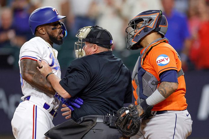Adulis Garcia (left) is angry at Astros outfielder Martin Maldonado after being hit by a pitch from Brian Abreu.