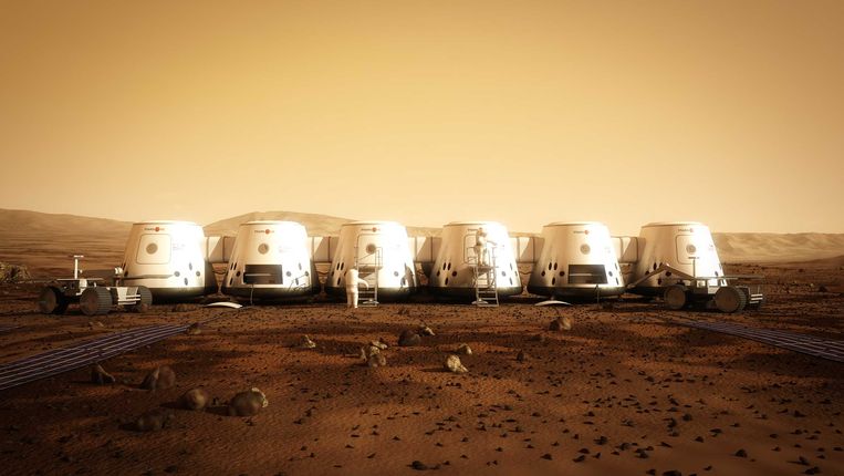 Een impressie van Mars One hoe het dorp op de Rode Planeet er in 2023 zou moeten uitzien. Beeld afp