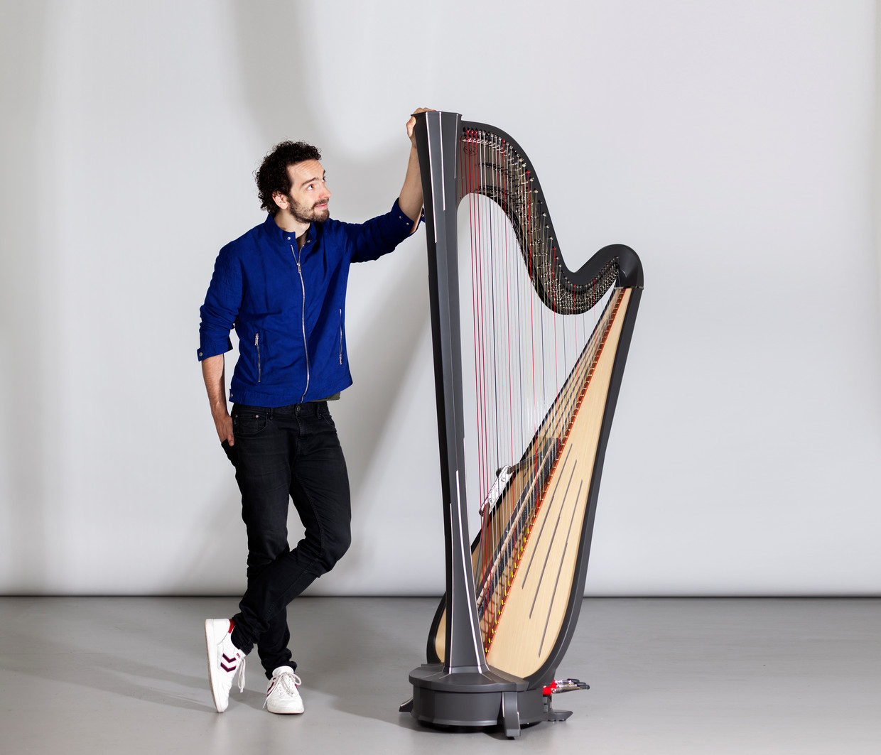 Remy van Kesteren met zijn harp, de grootste ter wereld. Beeld Martijn Gijsbertsen