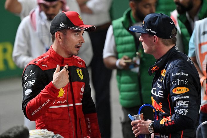 Charles Leclerc en Max Verstappen na hun mooie race in Djedda.