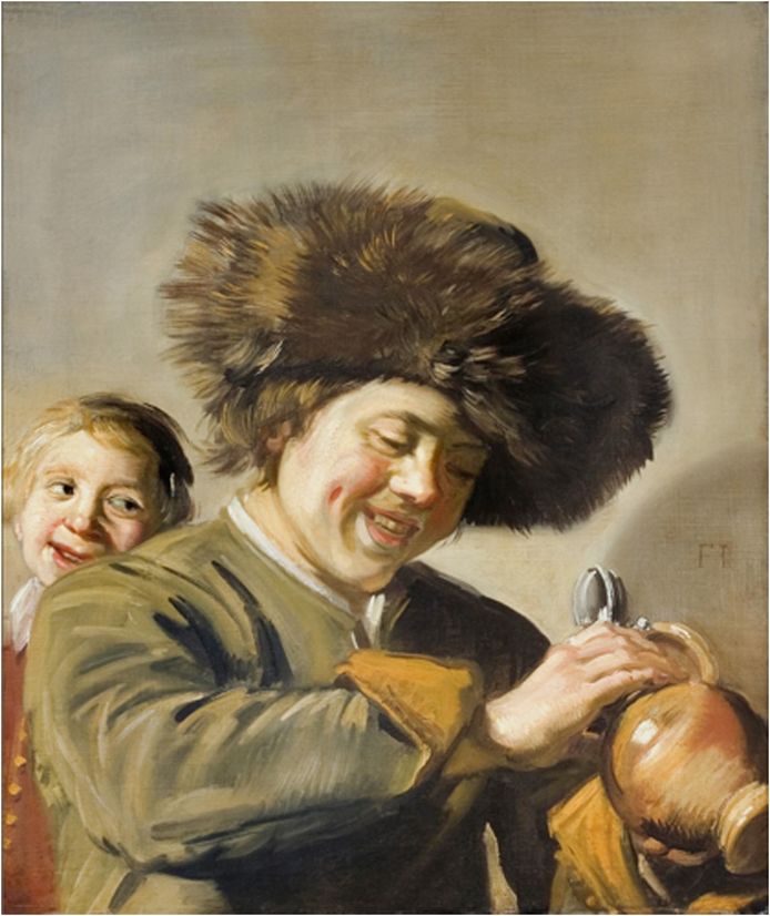 Frans Hals, Twee lachende jongens, van wie een met een bontmuts en een bierkruik.
