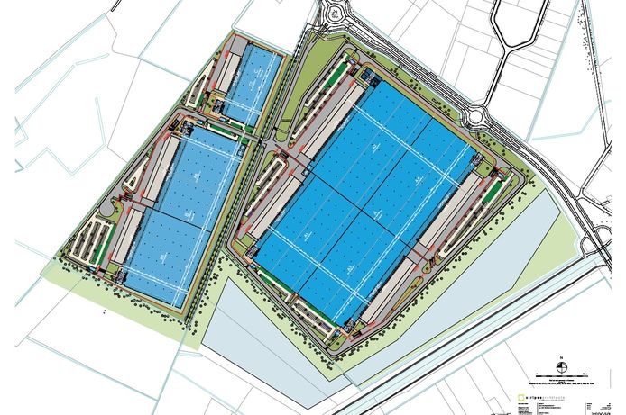 Plattegrond van bedrijventerrein Eeneind-West in Nuenen, dat wordt aangelegd tussen het Eindhovens Kanaal (rechtsonder) en de Collse Hoefdijk (rechtsboven).