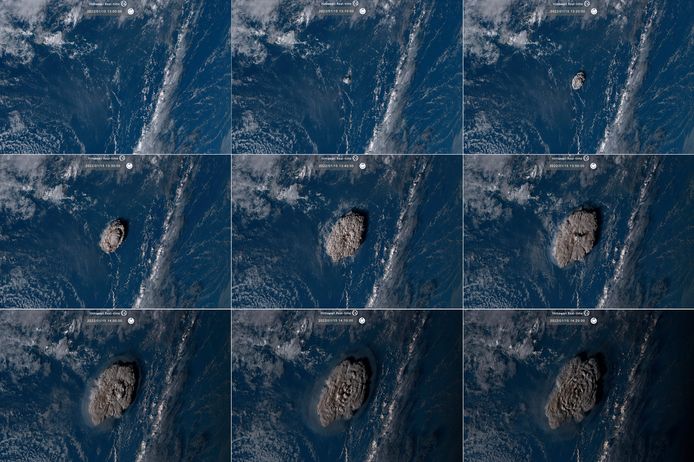 Satellietbeelden van de eerste uitbarsting zaterdag.