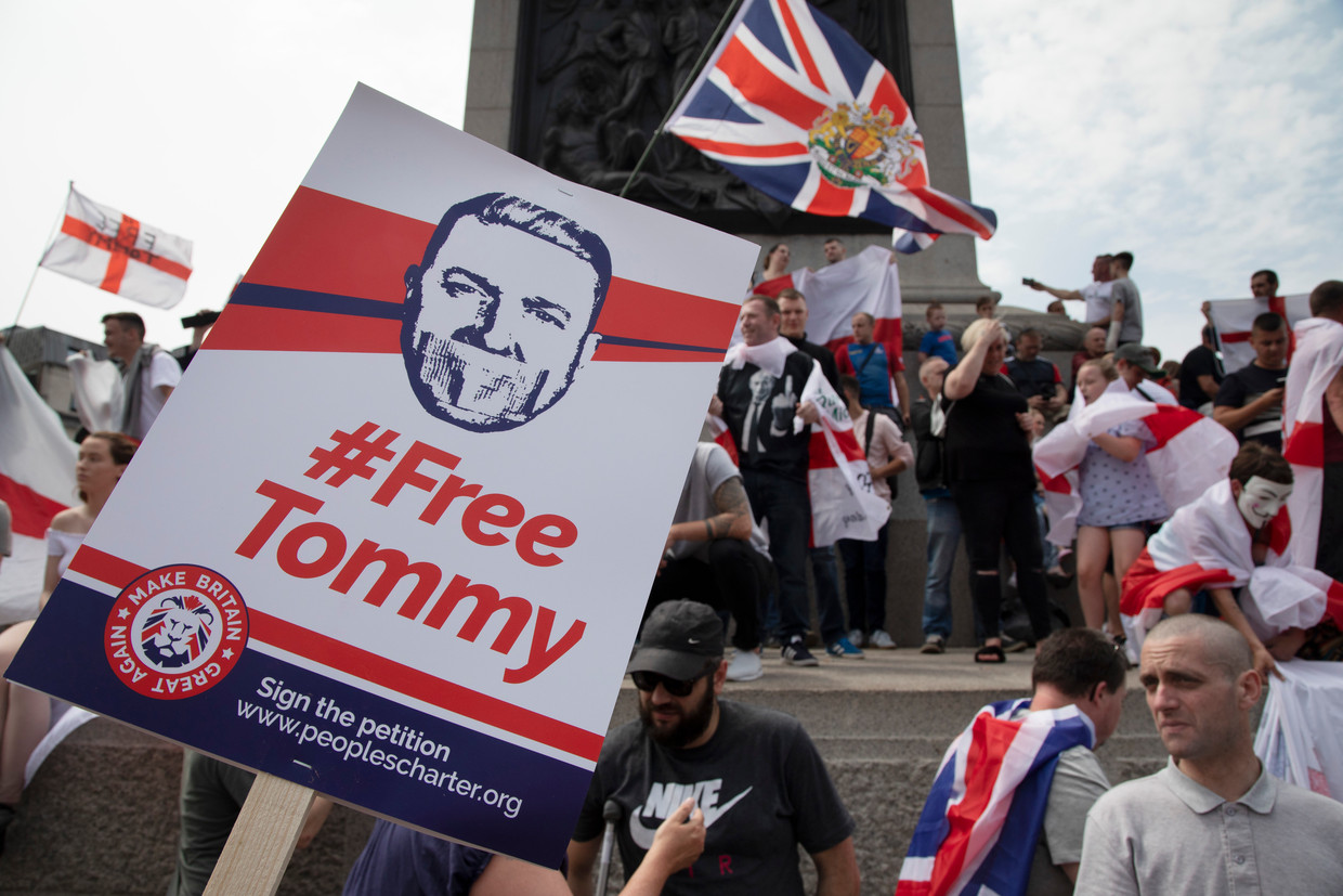 Demonstratie voor de vrijlating van Tommy Robinson in Londen. Beeld Getty