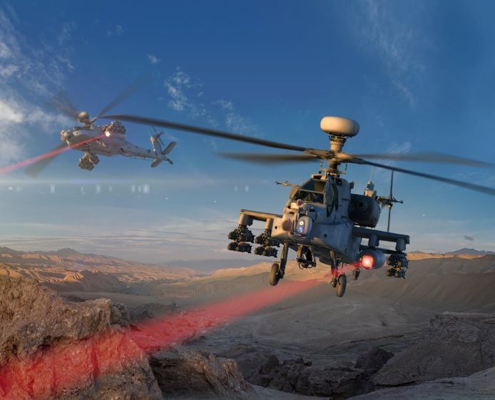 De Apache met zijn laserwapen (simulatiebeeld).