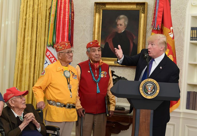 Trump ontvangt drie Navajo-veteranen in het Oval Office, met op de achtergrond een portret van oud-president Andrew Jackson, die verantwoordelijk was voor de Indian Removal Act.  Beeld AP