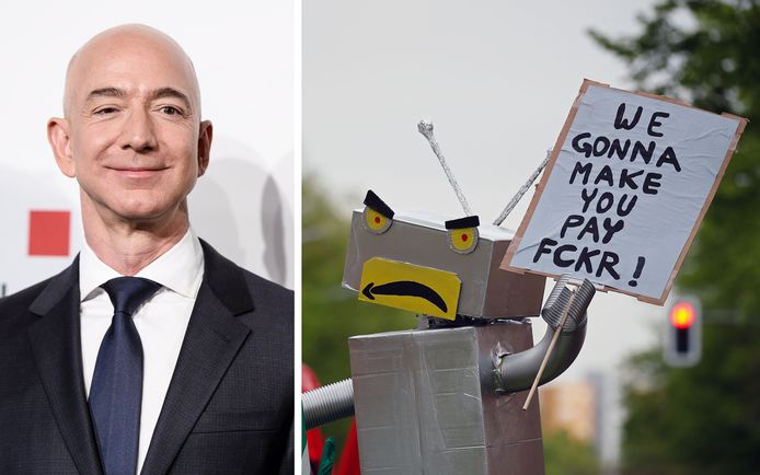 Terwijl Jeff Bezos binnen een prijs ontving, betoogden buiten honderden mensen tegen de 'provocatie' om de prijs uit te reiken aan de Amazon-CEO.