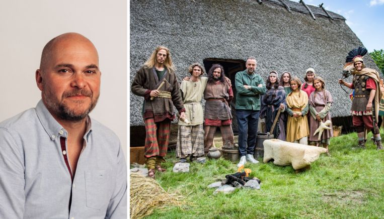 Bart Eeckhout / Tom Waes op de set van de historische docureeks 'Het verhaal van Vlaanderen'. Beeld Eva Beeusaert / Photonews