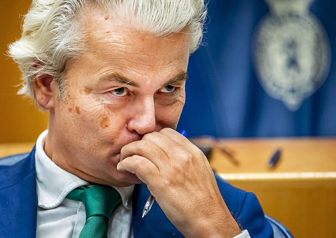 Geert Wilders (PVV) tijdens het wekelijks vragenuur in de Tweede Kamer.