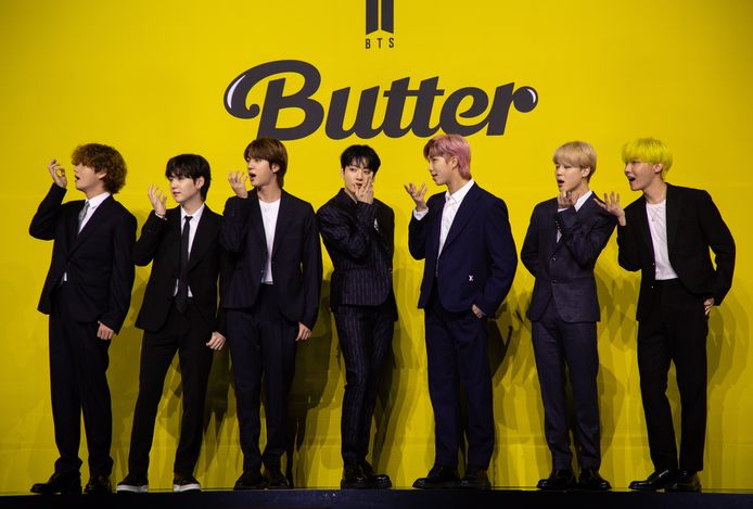 V, Suga, Jin, Jung Kook, RM, Jimin, et J-hope, alias BTS, au lancement de leur single "Butter" à Seoul, en Corée du Sud.