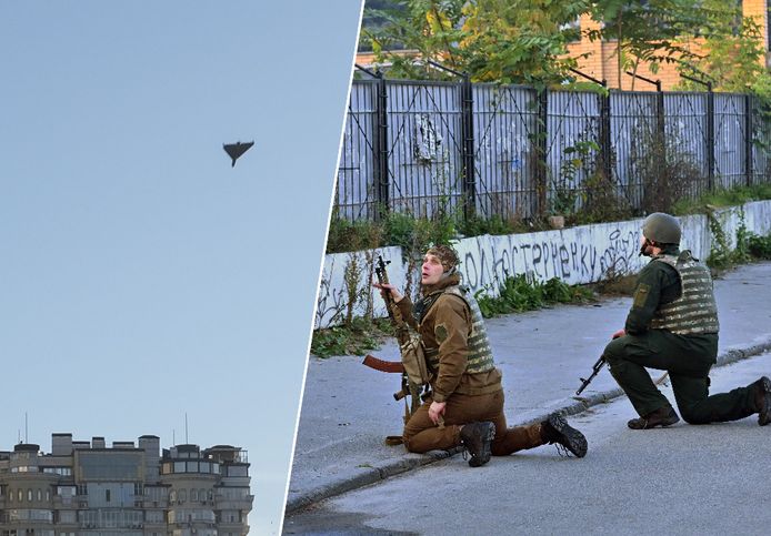 Beelden tijdens drone-aanvallen boven Kiev. Oekraïense mlitairen proberen een drone uit de lucht te schieten.