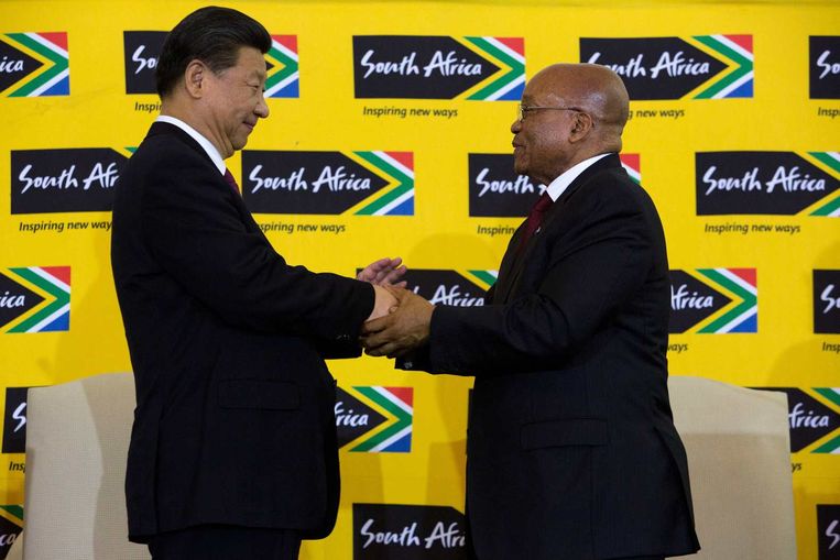 Xi Jinping schudt de hand van de Zuid-Afrikaanse leider Jacob Zuma. Beeld afp