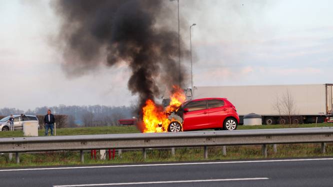Vlammen slaan uit motorkap bij auto op de A50, bestuurder blijft ongedeerd