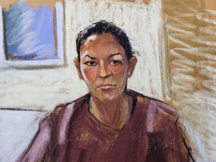 Een eerdere rechtbanktekening van Ghislaine Maxwell, van een keer dat ze via een videoverbinding bij de zitting aanwezig was.