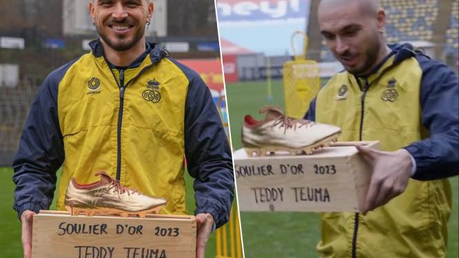 “Volgend jaar is hij van jou, capi!”: hilariteit bij spelers van Union, die aanvoerder Teuma z’n eigen Gouden Schoen schenken