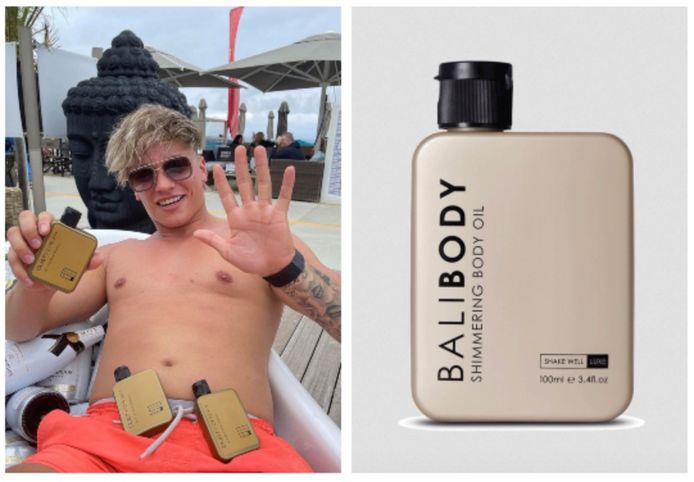 Dusty uit 'Ex on the Beach: Double Dutch': zijn 'Dusty Cream'-zonnebrandolie lijkt qua verpakking wel héél erg op die van 'Bali Body'...