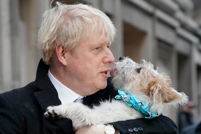 De Britse premier Boris Johnson met zijn hondje.