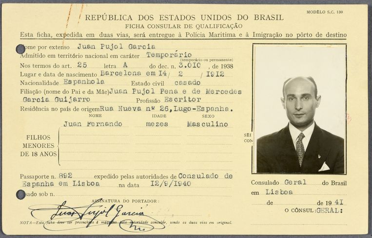 Een Braziliaanse identiteitskaart die werd opgemaakt voor agent Garbo in 1940. Beeld AP