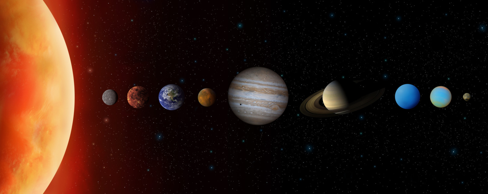 Van links naar rechts: de zon, Mercurius, Venus, de Aarde, Mars, Jupiter, Saturnus, Uranus, Neptunus en de dwergplaneet Pluto.