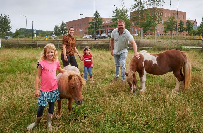 Ise, Cindy, Fiene en Tim Robben op het veld tegenover ziekenhuis Bernhoven in Uden. Daar willen ze hun nieuwe huis gaan bouwen.