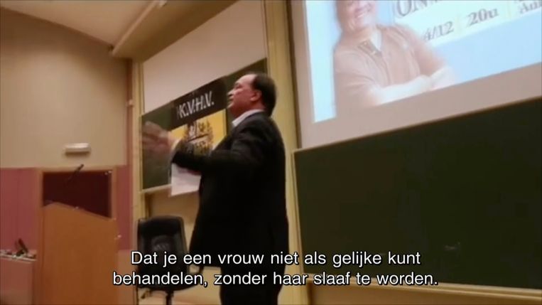 Jeff Hoeyberghs tijdens zijn omstreden lezing aan de UGent. Beeld RV