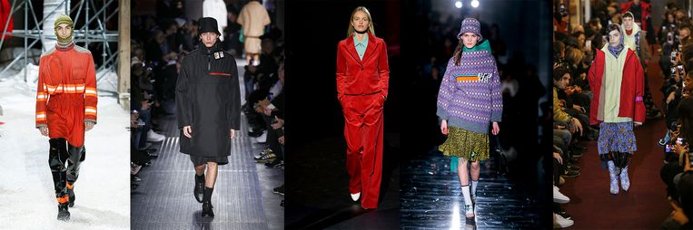 Van links naar rechts: Calvin Klein, Prada, Baum und Pferdgarten, Prada, Vetements. Beeld Team Peter Stigter