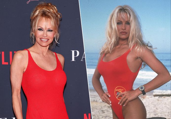 Pamela Anderson tijdens de première van haar Netflixdocu en in 1992 in het iconische badpak in 'Baywatch'.