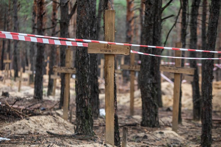 Graven in een bos bij het pas bevrijde Izjoem. Sommige van de hier opgegraven lichamen zouden volgens Oekraïne sporen van marteling dragen.  Beeld Reuters