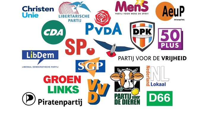 Logo's van de achttien politieke partijen die bij de Tweede Kamerverkiezingen in Nederland op 12 september 2012 in alle kiesdistricten meedoen. Logo, verkiezingen, Tweede Kamer.