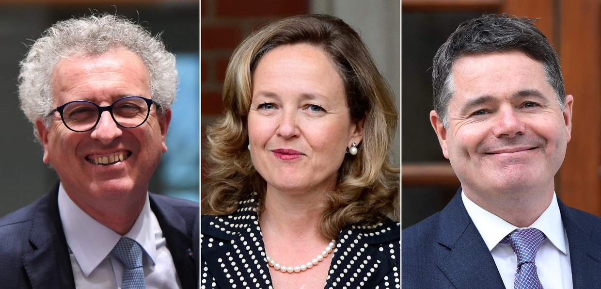 De drie kandidaten voor het voorzitterschap van de eurogroep. Van links naar rechts de Luxemburger Pierre Gramegna, de Spaanse Nadia Calviño en de Ier Paschal Donohoe. 