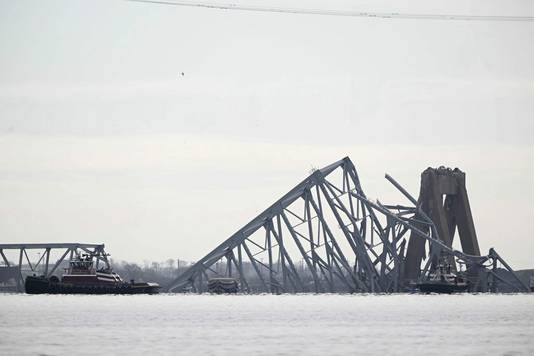 Het containerschip Dali dat een pijler van de Francis Scott Key Bridge bij Baltimore heeft geramd