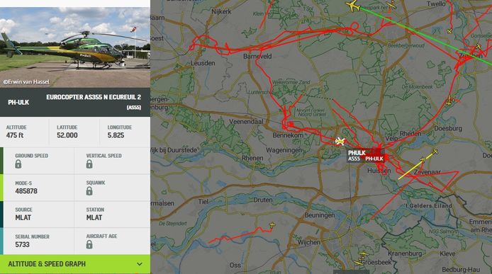 De rode lijnen rond Arnhem laten de route van de helikopter zien. ProRail gebruik te helikopter om opnamen te maken en metingen te doen na werkzaamheden aan het spoor.