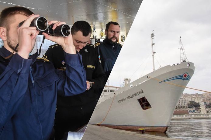 Het Russische oceanografische onderzoeksschip Admiral Vladimirski met een deel van zijn bemanning.