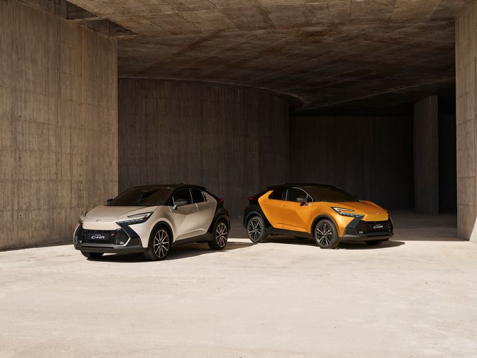 The new Toyota C-HR in silver with black and golden yellow.