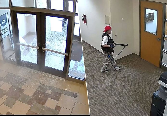 Camerabeelden tonen hoe de schutter het gebouw binnenkomt en door de schoolgangen loopt.
