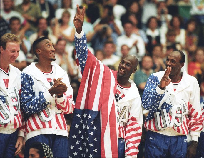 Larry Bird, Scottie Pippen, Michael Jordan en Clyde Drexler in 1992.