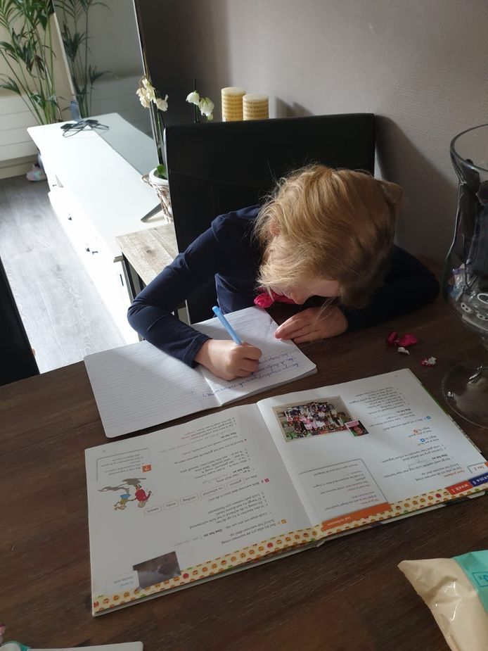 Rachel van der Velde maakt thuis schoolwerk.