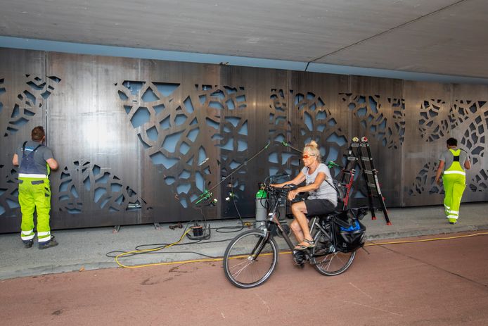 Het metalen kunstwerk onder het viaduct aan de Parkweg in Schiedam is bijna klaar.
