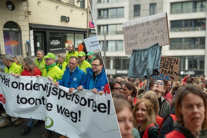 Protest van onderwijzers in Antwerpen. Protestmars van leraren.