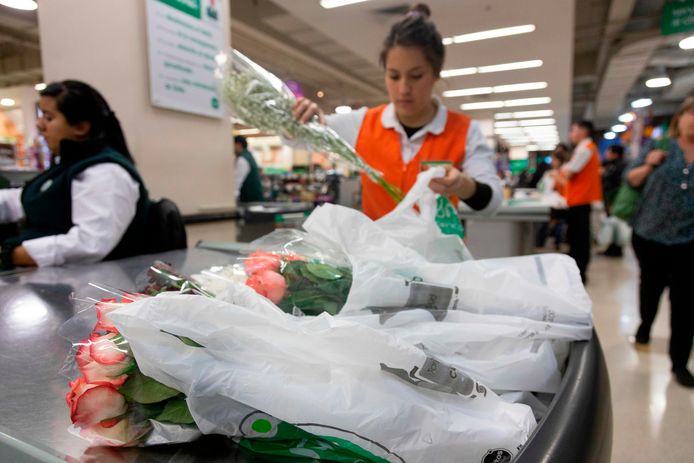 In een supermarkt in de Chileense hoofdstad Santiago pakt een medewerkster boodschappen in plastic tasjes. Per jaar gebruiken de Chilenen 3,4 miljard plastic tassen. Het gebruik ervan wordt nu verboden.