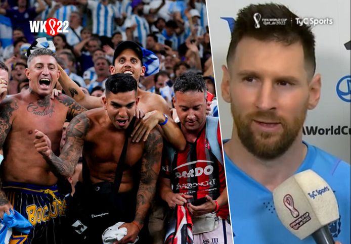 Links: enkele Argentijnse fans tijdens de match tegen Australië.
Rechts: Messi na het duel.