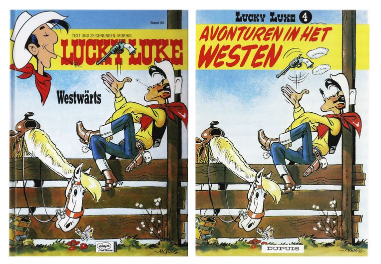 Lucky Luke zoals we hem kennen (rechts) en met strootje in plaats van peuk (links). Beeld 