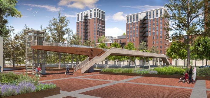 Een artist's impression van de Daniel den Hoedbrug, zoals die gebouwencomplex Little C met het plein, waar voorheen het Dijkzigtziekenhuis stond, moet gaan verbinden.