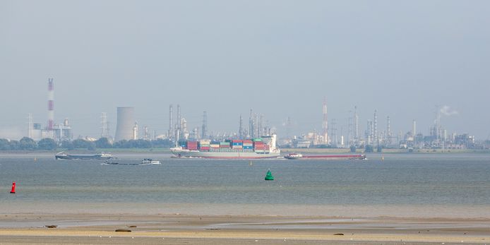 De Westerschelde met op de achtergrond de Antwerpse industrie.