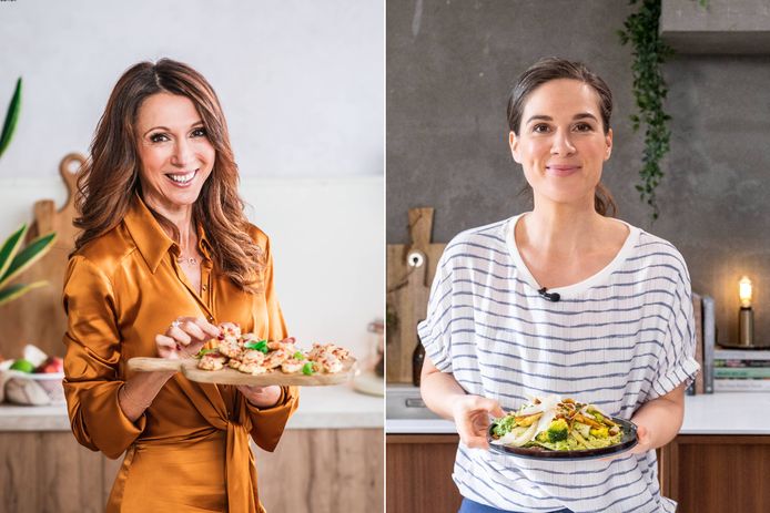 Sandra Bekkari met knapperige bloemkoolhapjes en Karolien Olaerts met een bord vol groenten. De dames tippen hoe je je feestmenu een tikkeltje gezonder kan maken.
