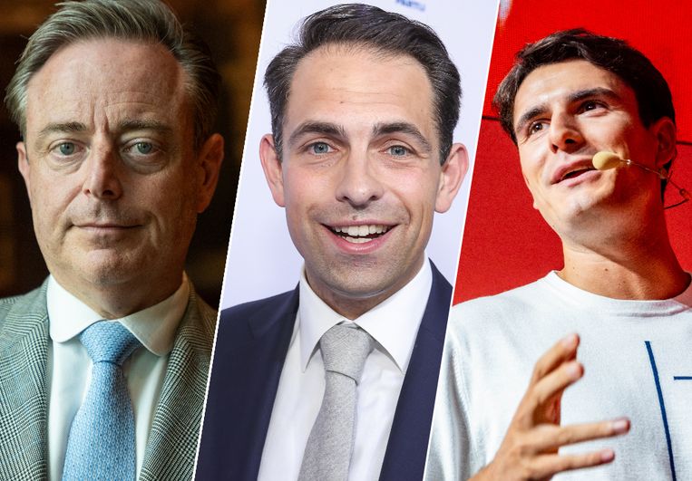 Bart De Wever (N-VA), Tom Van Grieken (Vlaams Belang) en Conner Rousseau (Vooruit) zijn de populairste politici van Vlaanderen, op respectievelijk nummer twee, drie en één. Beeld Tessa Kraan/BELGA