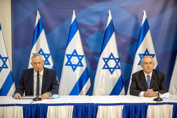 Gantz en Netanyahu, vorig jaar in juli, toen nog als regeringspartners.