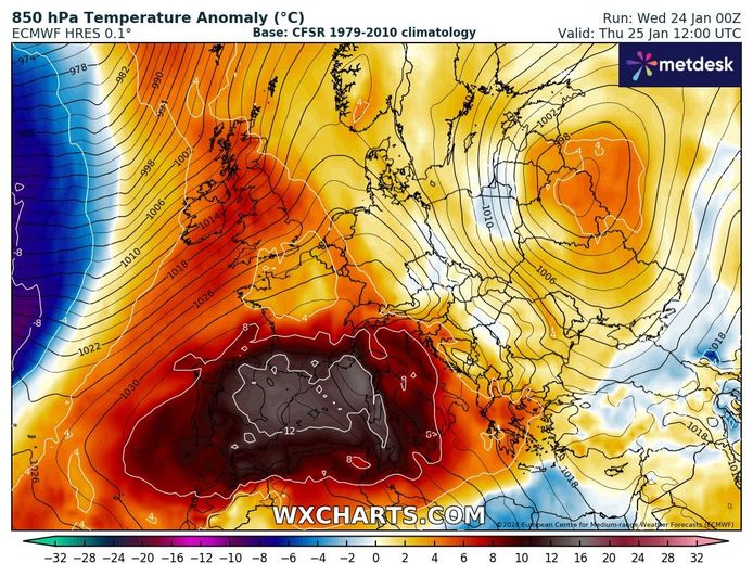 It is currently warmer than usual in large parts of Europe.  But the east coast of Spain takes the cake.  Temperatures are more than 12 degrees Celsius higher than average for this time of year.