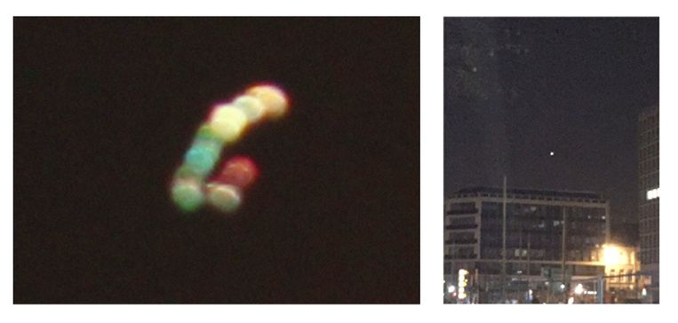 ‘We leggen ufomelders dertig mogelijkheden voor van wat ze misschien hebben gezien. Was het geen ­meteoor, een speelgoedballon (foto links) of een ster (foto rechts)?’ Beeld HUMO
